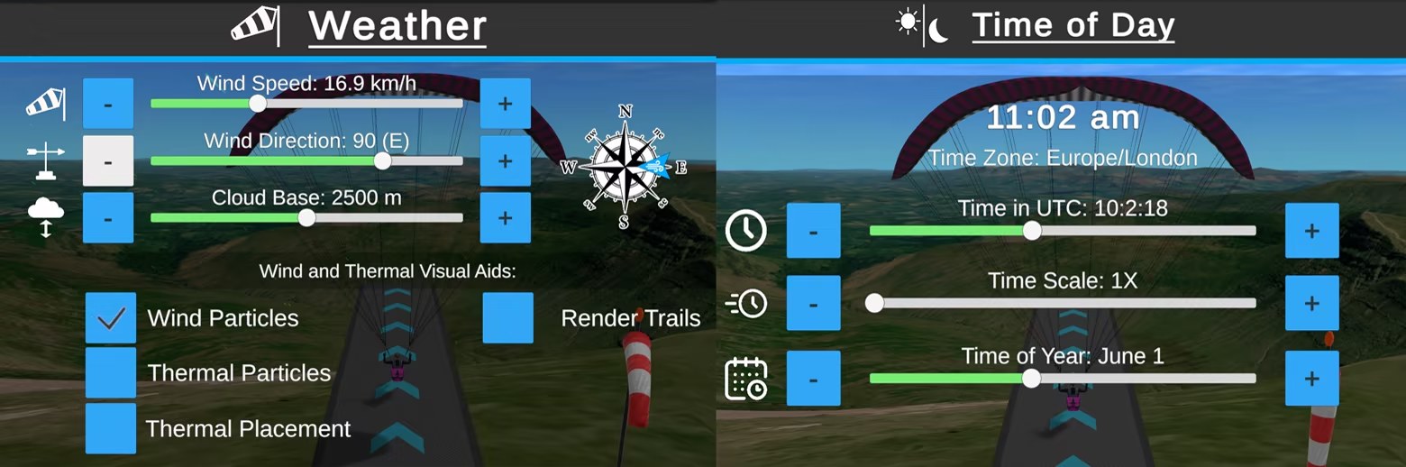 Weather and time-of-day settings menus