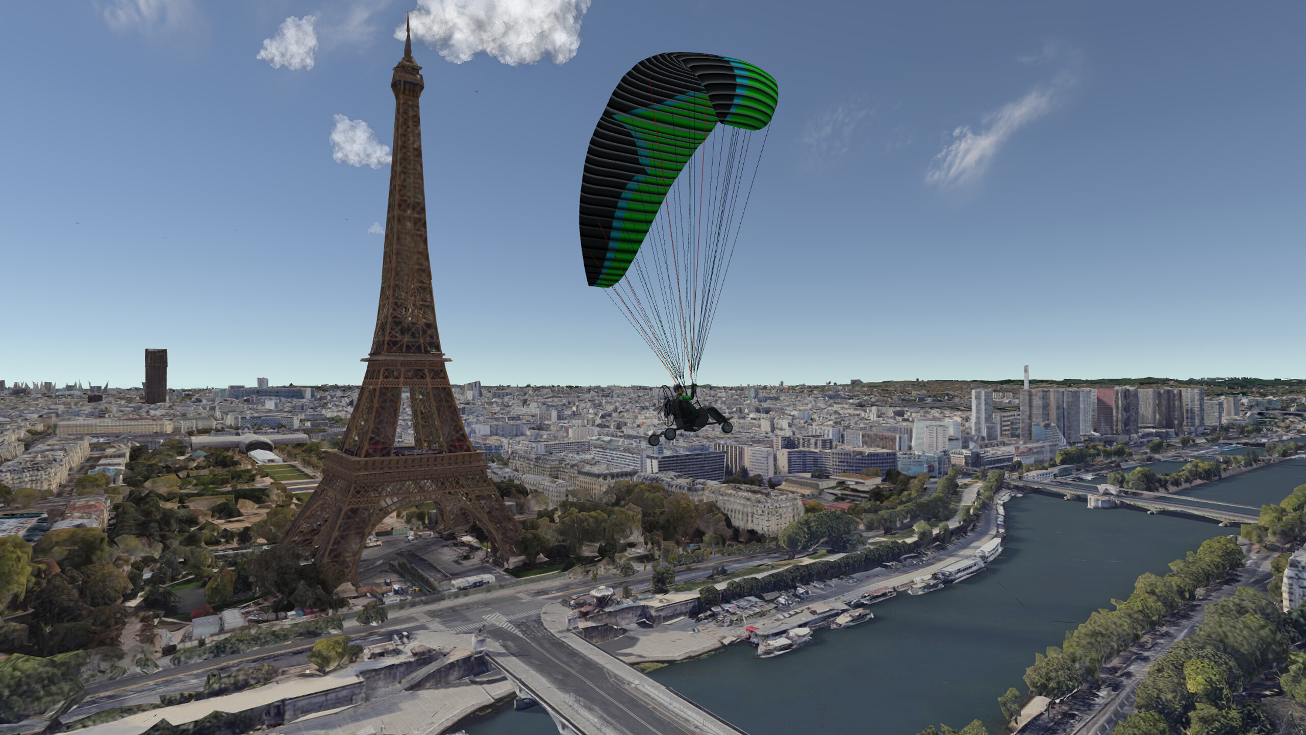 Paragliding past the Eiffel Tower in Paris with Google Earth scenery