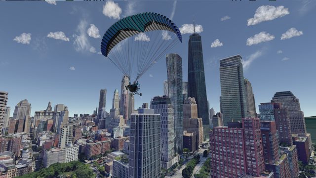 Paraglider among city skyscrapers